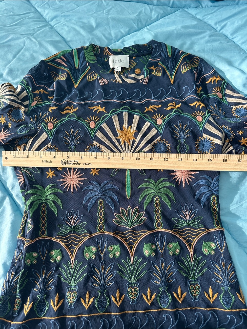 Johnny Was-Jade-Kaia mesh tee stretch Del Mar navy Embroidery elbow sleeve Sz S - Picture 5 of 15